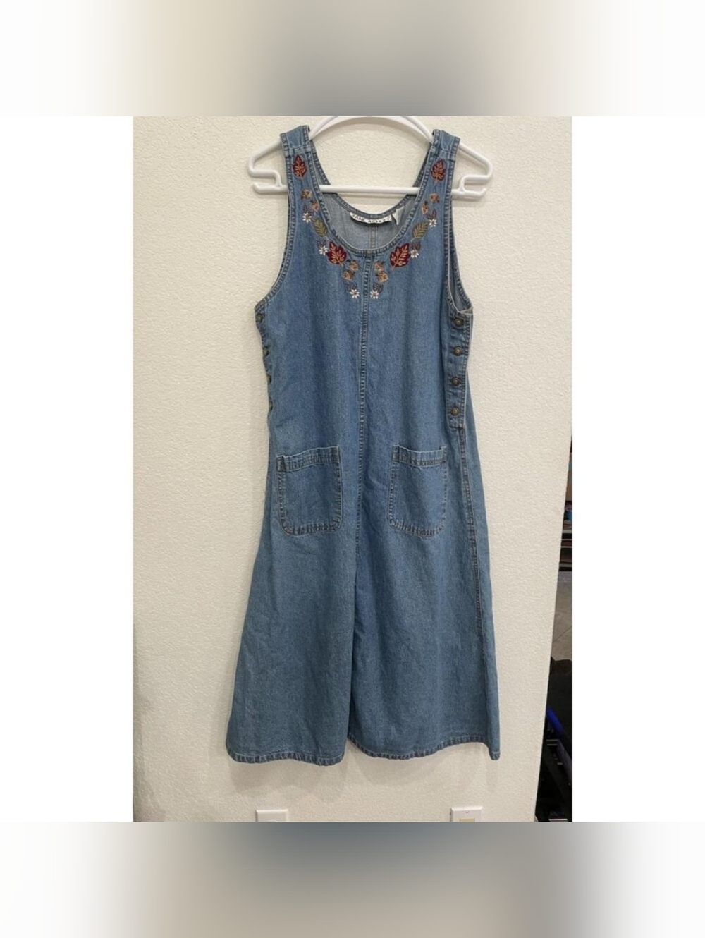 VTG Jane Ashley Maxi Jumper Womens Small Boho Denim Dress Floral Embroidered 90s